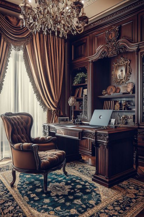 A luxurious dark Victorian study featuring intricate woodwork and vintage decor embodies dark academia aesthetic and moody office inspiration, ideal for modern home offices and dark and moody office modern designs. Victorian Style Office, Home Office Ideas Dark, Office Ideas Dark, Victorian Study Room, Dark Office Ideas, Moody Office Space, Moody Office Inspiration, Dark And Moody Office, Dark Moody Office