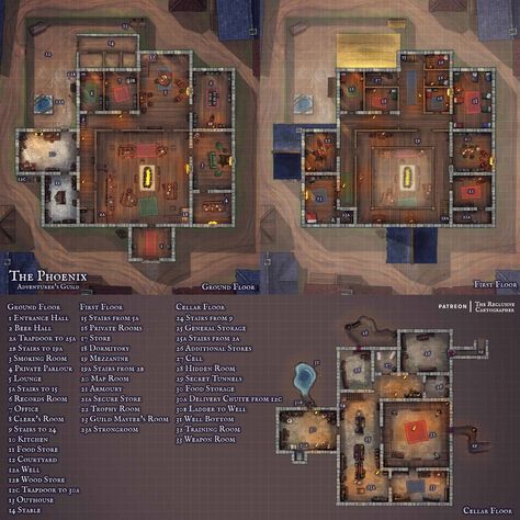 The Phoenix - Adventurer's Guild 60x60 - Building Map | The Reclusive Cartographer on Patreon Dnd Adventurer Guild Map, Guild Hall Map, Dnd Guild Hall Map, Adventurers Guild Art, Adventurers Guild, Adventurer's Guild, Cartographers Guild, Fantasy Items, Building Map