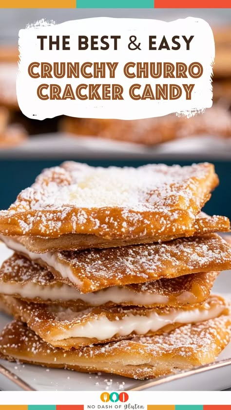 Get ready to satisfy all your sweet and salty cravings with this Crunchy Churro Cracker Candy! Layers of crisp saltine crackers, buttery caramel, and melted white chocolate are finished with a generous sprinkle of cinnamon sugar for that perfect churro flavor. Perfect for any gathering or a fun weekend treat! Pin now and try it later for a dessert that’s easy and totally irresistible! Churro Bars Easy, Caramel Saltine Crackers, Saltine Recipes Snacks, Recipes Using Cinnamon Graham Crackers, Saltine Churros, Recipes Using Saltines, Saltine Cracker Recipes Sweets Desserts, Cinnamon Sugar Dessert Recipes, Saltine Cracker Snacks