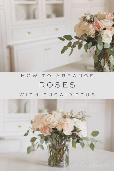 Floral Arrangements With Eucalyptus, Simple Rose Arrangements Diy, Roses Arrangements Diy, How To Make Floral Arrangements, How To Flower Arrangements, Simple Flower Arrangements Centerpiece, How To Make A Flower Arrangement, Eucalyptus Wedding Centerpieces, Fake Floral Arrangements Diy