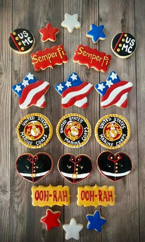 Marine Corps Bar Ideas, Marines Farewell Party Ideas, Marines Decorations Party, Marine Birthday Theme, Marine Corps Cookies, Marine Corp Party Ideas, Marine Retirement Party Ideas, Marine Bootcamp Graduation Signs, Usmc Party Decorations