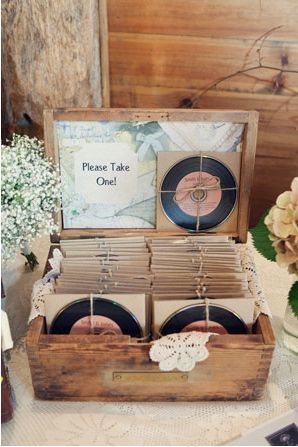 I love the idea of a mix CD as a wedding favor, especially with the labels and cardboard sleeves that make them look like an old 78.                                                                                                                                                                                 More Vintage Wedding Favors, Wedding Favors And Gifts, Cheap Favors, Best Wedding Favors, Wedding Favors Cheap, Favors Diy, Diy Wedding Favors, Unique Wedding Favors, Wedding Favors For Guests