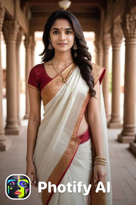 Red And White Saree, Onam Saree, Red Sari, Traditional Blouse Designs, South Indian Sarees, White Saree, Red Saree, Red Blouse, Colored Highlights