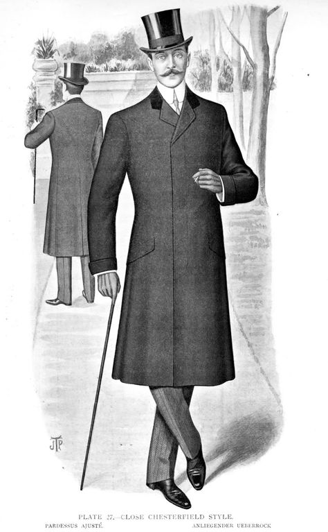 6. The Crinoline Period: Chesterfield jacket for men with top-hat, not as high as it used to be. Lapel is velvet-faced Menswear Illustration, Victorian Mens Clothing, Men's Fashion Illustration, 19th Century Men, Fashion Illustrators, Victorian Coat, Victorian Men, Victorian Gentleman, Historical Clothes