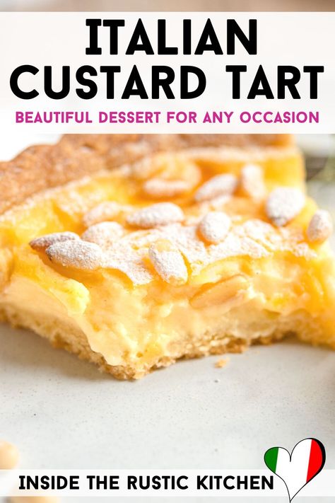 Italian Custard Tart - Torta della Nonna. The most delicious Italian tart made with sweet shortcrust pastry, Italian pastry cream, and topped with pine nuts. An elegant and beautiful dessert for any occasion Italian Lemon Tart, Italian Easter Desserts Recipes, Italian Tart Recipes, Shortcrust Pastry Desserts, Italian Tarts, Italian Easter Desserts, Easy Italian Desserts, Italian Pastry Cream, Cookbook Inspiration