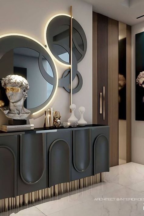 Lobby Interior Design, Luxurious Interior Design, Console Table Design, Lobby Interior, Foyer Design, Sideboard Designs, Home Entrance Decor, House Interior Decor, Luxury Living Room