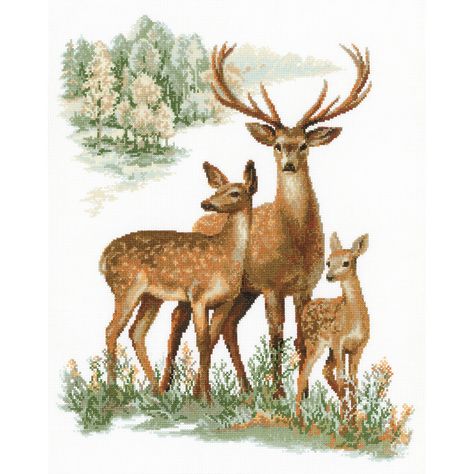 Real Tree Hunting Graph, Art Outline, Deer Artwork, Deer Crossing, Needlecraft Kits, Deer Family, Deer Art, Beautiful Cross Stitch, Cross Stitch Animals