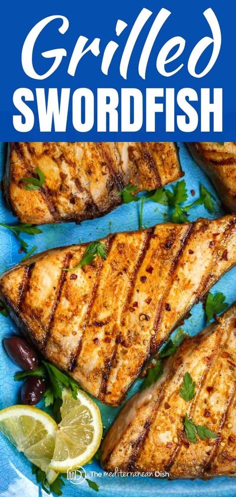 Easy grilled swordfish recipe with a Mediterranean twist! The secret is in the tasty marinade + simple cooking technique for juicy swordfish every time!  #fish #fishdinner #grilledfish #fishrecipe #swordfish Grilled Swordfish, Swordfish Recipes, Grilled Fish Recipes, Grilled Seafood Recipes, The Mediterranean Dish, Grilled Seafood, Fish Dinner, Mediterranean Dishes, Seafood Dinner