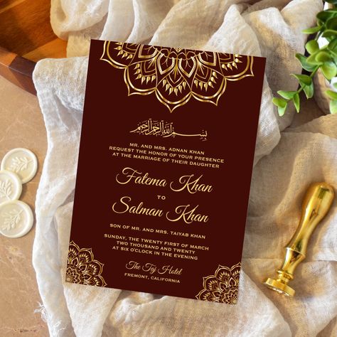 Gold Motif, Muslim Wedding Invitations, Gold Foil Texture, Wedding Invitation Size, Burgundy Wedding Invitations, Traditional Wedding Invitations, Islamic Wedding, Foil Wedding Invitations, Brown Wedding