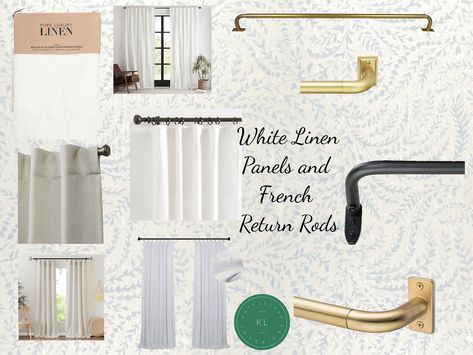 affordable linen drapery and french return rod French Return Curtain Rod, French Drapery Rod, Curved Shower Curtain Rod Vs Straight, Transitional Drapery Hardware, French Return Drapery Rod, Brass French Return Rod, French Curtain Rod, Ripplefold Drapery Hardware, Wrap Around Curtain Rod