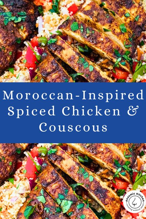 Don't you love a meal that doesn't require much cooking yet still tastes like restaurant quality food? This Moroccan Couscous With Chicken recipe is perfect if you're craving that something extra spicy and delicious for dinner tonight #howtocookcouscous #whatsmoroccancouscous #pearlcouscousvsisraelicouscous #howtomakemoroccanchicken #moroccanflavors #moroccanspices #easysalads #easychickenrecipe #easybakedchicken #couscousrecipes #ovenbakedchicken #pearlcouscous #israelicouscous Easy Moroccan Recipes, Chicken And Couscous Recipes Healthy, Mediterranean Chicken And Couscous, Creamy Chipotle Sauce Recipe, Moroccan Spiced Chicken, Summer Trifle Recipes, Moroccan Chicken Couscous, Morrocan Food Chicken Couscous, Moroccan Chicken Recipe