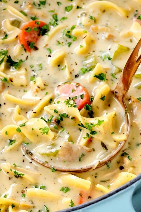 Creamy Chicken Noodle Soup (the MOST flavorful!) Roast Chicken Noodle Soup, Cream Of Mushroom Chicken, Creamy Chicken Noodle, Turkey Noodle Soup, Creamy Chicken Noodle Soup, Hearty Comfort Food, Crockpot Soup Recipes, Noodle Soup Recipes, Soup Recipes Chicken Noodle