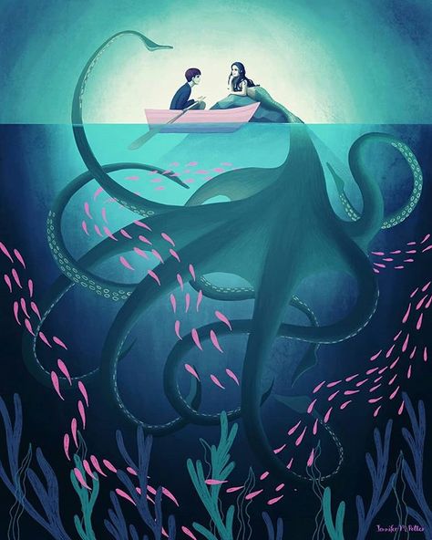 Artwork by Jennifer Potter. #squid #mermaid طوابع بريد, Lilla Rogers, Mermaid Drawings, Octopus Tentacles, Mermaid Art, Arte Fantasy, 판타지 아트, 귀여운 동물, Creature Art