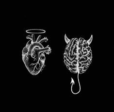 Angel Devil Tattoo, Heart Vs Brain, Brain Tattoo, Heart And Brain, Devil Tattoo, Demon Tattoo, Heart Projects, Heart Iphone Wallpaper, Black And White Art Drawing