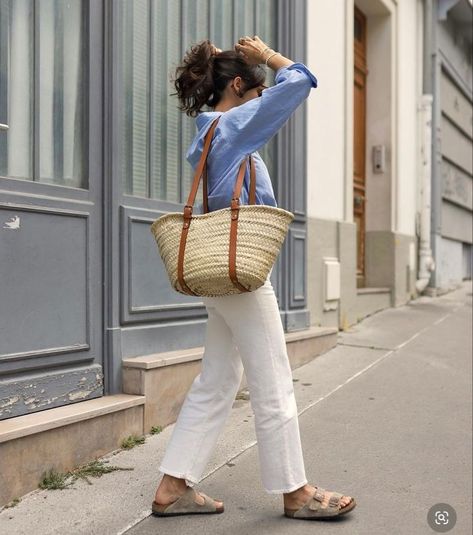 Street Style Italy, Straw Bag Outfit, Linen Shirt Outfit, Grandmother Aesthetic, Slow Clothing, Spain Holiday, Summer Shandy, Blue Linen Shirt, Birkenstock Outfit