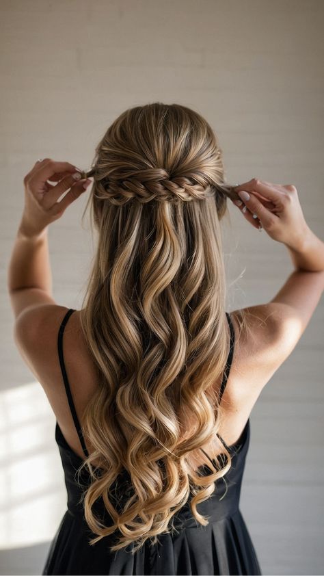 "Dark Blonde and Brown Hair Ideas for Fall Picture Day" Hairstyles For Prom Long Hair Half Up, Aesthetic Half Up Half Down Hairstyles, Wedding Hairstyles Dark Hair, Brown Hair Ideas For Fall, Hair Ideas For Fall, Boho Hairstyles Medium, Medium Length Hair Ideas, 16 Hairstyles, Blonde And Brown Hair