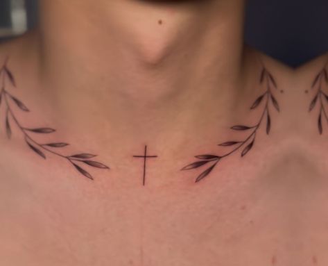 Tattoo In Between Breast, Cross Chest Tattoo, Tattoo On Chest, Black Men Tattoos, Thumb Tattoos, Vine Tattoos, Neck Tattoos, Cross Tattoo, Chest Tattoo