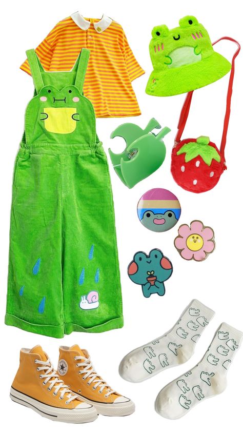 #outfit #outfitinspo #cute #happy #frog #frogcore #colorful #bright #oc #originalcharacter Green Kidcore Outfit, Childcore Aesthetic Outfit, Kidcore Outfit Boy, Childish Outfits, Indie Outfit Ideas, Frog Outfits, Kidcore Oc, Mascot Horror, Kid Core Outfits