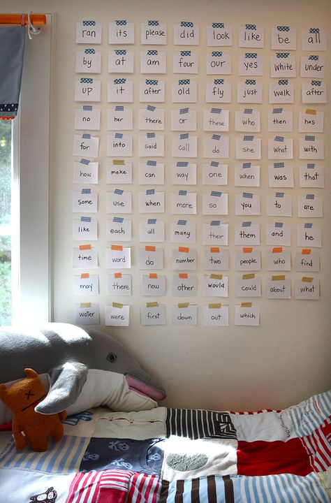 Wall of sight words // learning to read @artbarblog Sight Word Wall At Home, Sight Words Chart, Funny Sentences, Sight Word Wall, Kids Literacy, Learning To Read, Teaching Letters, Art Bar, Educational Activities For Kids