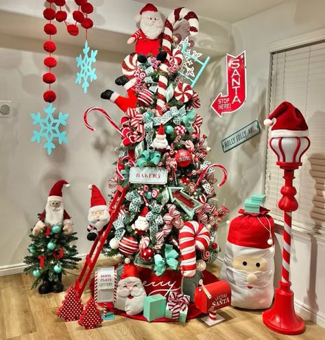 Mint Christmas Trees, Red And Mint Christmas Tree, Pink Red Mint Christmas Decor, Candy Themed Christmas Tree Topper, Aqua And Red Christmas Tree, Christmas Tree Santa Theme, Santa Claus Themed Christmas Tree, Santa Clause Christmas Tree Theme, Nut Cracker Christmas Tree Theme