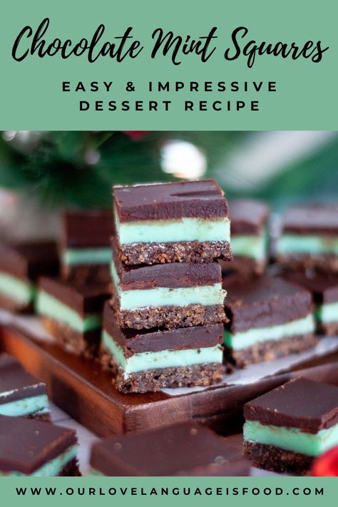 Impress your friends with these beautiful 3-layer chocolate mint squares! This easy dessert bar recipe is perfect to make for holiday gatherings, cookie exchanges, and to share with family and friends. Save this pin to make these today! #christmas #christmascookies #cookierecipe #easydessert #dessert Christmas Squares And Bars Cookie Exchange, Chocolate Mint Squares, Mint Desserts For Christmas, Christmas Square Recipes, Easy Christmas Squares And Bars, Christmas Dessert Squares, Christmas Squares And Bars Holidays, Easy Christmas Squares, Christmas Squares And Bars