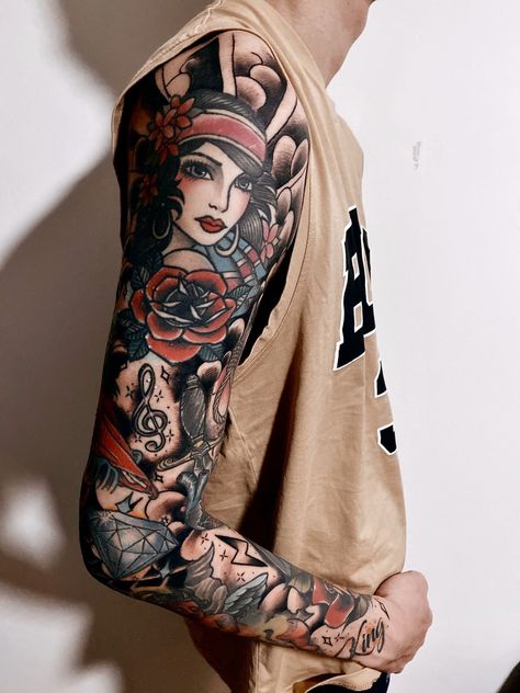 Neo traditional men sleeve tattoo , gypsy girl tattoo, diamond , treble , king , dagger heart , neo trad fillers , asia tattoo , batman tattoo , noose filler Tattoo Sleeve Neo Traditional, Neo Traditional Tattoo Sleeve Men, Neotrad Sleeve, Neo Traditional Sleeve Tattoo, Neo Traditional Tattoo Sleeve, Neo Traditional Sleeve, Traditional Sleeve Tattoo, Men Sleeve Tattoo, Old School Sleeve