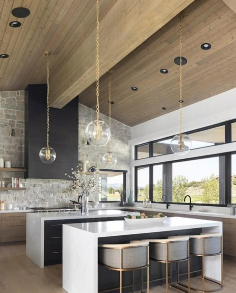 Organic Modern Kitchen Design - double islands, counter stools, wood ceiling, stone backsplash wall, black hood, pendants Dream Cottage Interior, New Build Kitchen, Double Island, Organic Modern Kitchen, Double Island Kitchen, Double Islands, White Architecture, Modern Kitchen Design Ideas, Wood Island