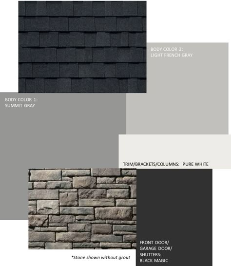 House Paint Exterior Colour Schemes With Brick, New Home Exterior Colors, Exterior House Color Pallets, Modern Gray Exterior House Colors, Grey Black And Brown House Exterior, Gray House With Rock Exterior, Neutral Exterior House Colors With Brick, Dark Greige Exterior House Colors, Greige Exterior House Colors Dark Trim