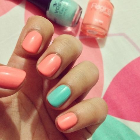 Pastel Nails- Mint Nails, Turquoise Nails, Coral Nails, Nails Today, Nails Makeup, Summer Nails Colors, Pastel Nails, Orange Nails, Hair Nails