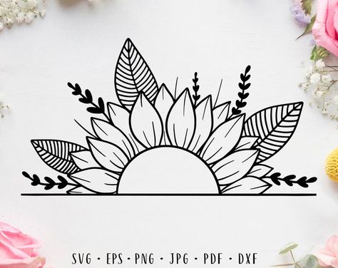 Half Sunflower Drawing, Half Sunflower Tattoo, Half Sunflower Svg, Sunflower Frame, Dq Cakes, Half Sunflower, Sunflower Monogram, Sunflower Room, Svg Crafts