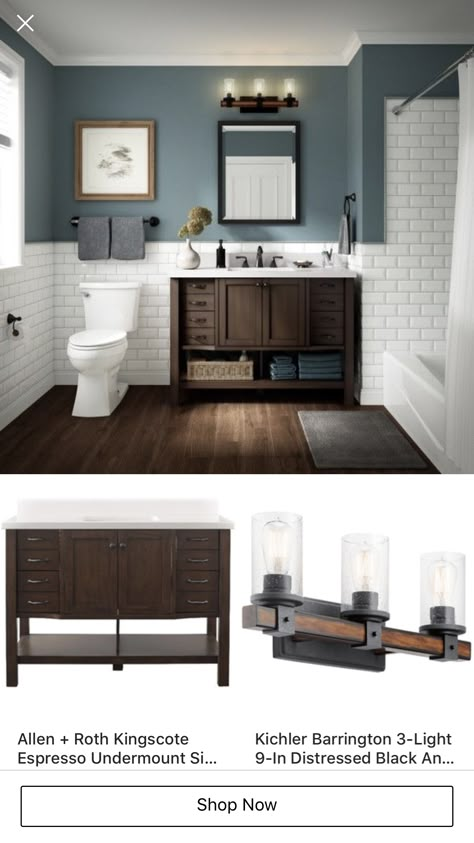 Blue Brown Bathroom Ideas, Dusky Blue Bathroom, Navy Bathroom Color Palette, Mens Bathroom Color Schemes, Indigo Bathroom Ideas, Slate Blue Bathroom Walls, Sage And Navy Bathroom, Smoky Blue Bathroom, Grey Blue Bathroom Ideas