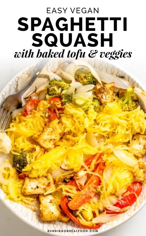 Try these Easy Vegan Spaghetti Squash Noodles with Crispy Baked Tofu, Roasted Veggies and Satay Sauce for a healthy plant-based dinner. Veggies Spaghetti, Spaghetti Squash Recipes Vegan, Vegan Spaghetti Squash, Healthy Squash Recipes, Crispy Baked Tofu, Squash Roasted, Spaghetti Squash Noodles, Vegan Spaghetti, Squash Noodles