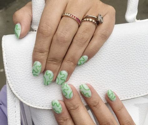 light/pastel green nails with darker green squiggles on top Nails With Squiggles, Pastel Green Nails, Light Pastel Green, Cute Summer Nail Designs, Green Acrylic Nails, Green Nail Art, Acrylic Nail Ideas, Green Nail, Cute Summer Nails