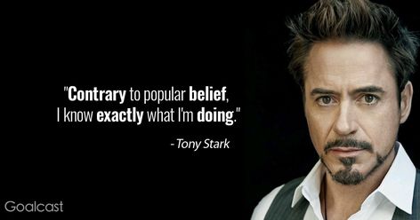 21 Tony Stark Quotes That Are Both Inspirational and Funny - Goalcast Robert Downey Jr Quotes, Iron Man Quotes, Irondad Spiderson, Tony Stark Quotes, Stark Quote, Senior Quotes Funny, Avengers Quotes, Toni Stark, Motivational Memes