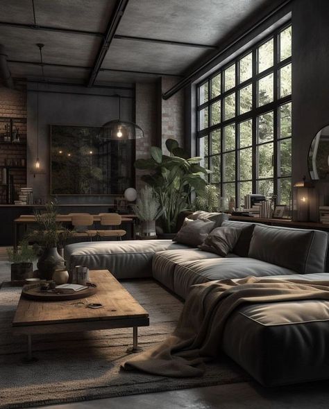 Dark Forest Aesthetic Living Room, Charcoal Home Decor, Masculine Aesthetic Interior Design, Black And Copper Home Decor, Moody Cozy Interior, Moody Modern House Exterior, Grayscale Home Decor, Living Room Aesthetic Vintage Dark, Industrial Modern Decor Bedroom