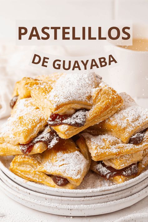 Pastelillos (also known as pastelittos) de guayaba are Puerto Rican pastries made with guava paste, cream cheese, and puff pastry. They are super easy to make and only take about 30 minutes! Pastelillos Puerto Rican Guava, Pastellios De Guava, Puerto Rican Deserts, Guava Cream Cheese Pastry, Puerto Rican Pastries, Guava And Cream Cheese Pastry, Pastelillos Puerto Rican, Guava Paste Recipes, Guava And Cheese Pastry