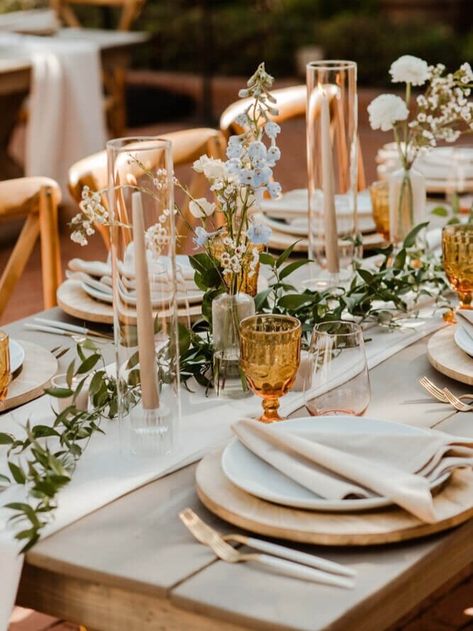 Neutral Boho Centerpiece, Simple Elegant Wedding Centerpieces Long Table, Taper Candle Centerpiece, Long Table Centerpieces, Taper Candles Wedding, Spring Wedding Centerpieces, Colored Taper Candles, Long Table Wedding, Wedding Candles Table