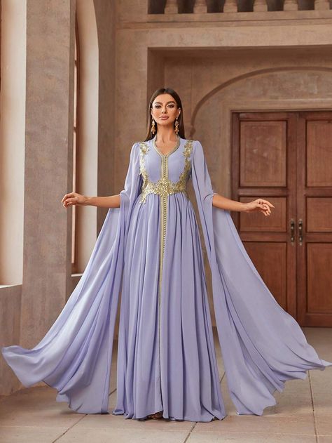 Women V-Neck Applique Cape Muslim Abaya Dress For Elegant LookI discovered amazing products on SHEIN.com, come check them out! Velvet Mermaid Dress, Arabian Party, Arab Dress, Luxury Embroidery, Mesh Party Dress, Arabian Dress, Classy Gowns, Pink Polka Dot Dress, Fantasy Dresses