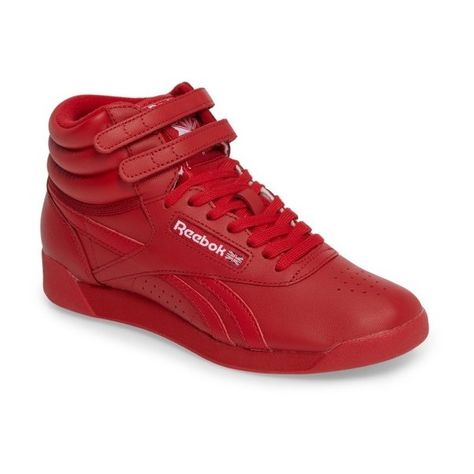 Women's Reebok Freestyle Hi Sneaker (2.005 UYU) ❤ liked on Polyvore featuring shoes, sneakers, red, reebok sneakers, red hi tops, leather sneakers, leather shoes and red shoes Reebok High Tops, Reebok Freestyle Hi, Reebok Freestyle, Red High Tops, Red Trainers, Reebok Sneakers, Chic Leather, Casual Sneakers Women, Leather High Tops