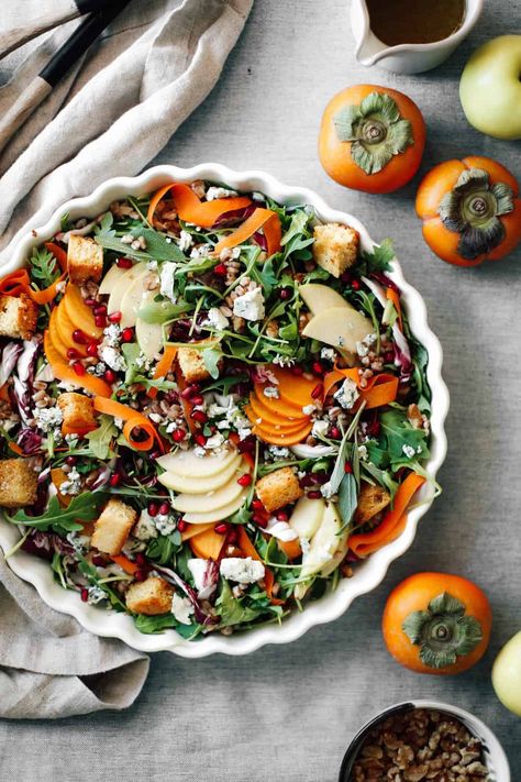 Apple and Persimmon Salad with Chinese 5 Spice Cornbread Croutons Easy Fall Salad, Dinner Party Salad, Persimmon Salad, Vegetarian Gourmet, Cornbread Croutons, Chinese Five Spice, Persimmon Recipes, Chinese 5 Spice, Thanksgiving Salad