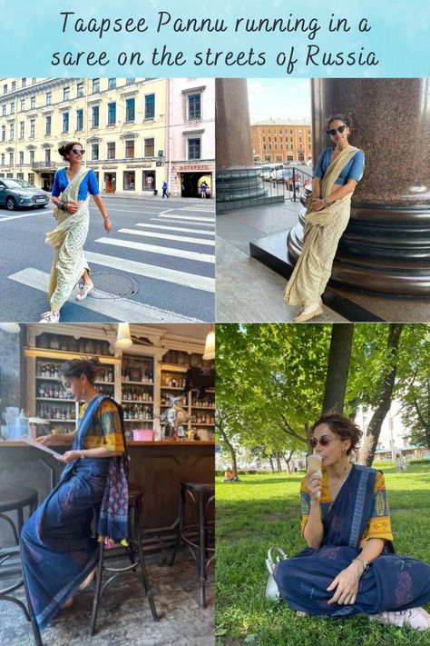 Travel In Saree, Taapsee Pannu Saree, Fusion Outfits, Tapsee Pannu, Taapsee Pannu, Conquer The World, Desi Style, Indian Fashion Dresses, College Outfits