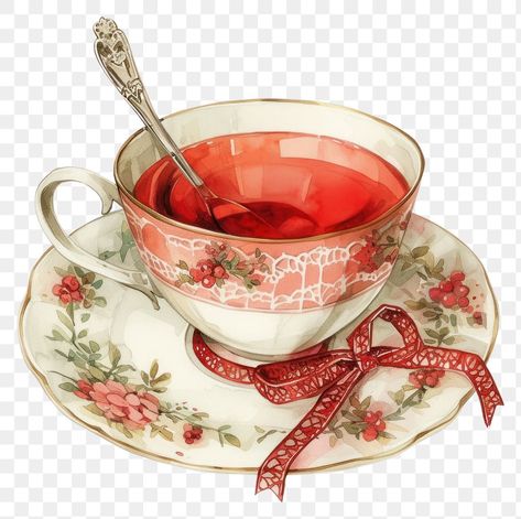 Teacup Aesthetic, Teacup Illustration, Red Drink, Coquette Red, Drink Png, Tea Cup Art, Red Drinks, Tea Illustration, Floral Teacup