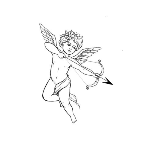 Cherub Bow And Arrow, Cupid Drawing, Angel Outline, Angel Devil Tattoo, French Tile, Cupid Tattoo, Cherub Tattoo, Devil Tattoo, Single Line Tattoo