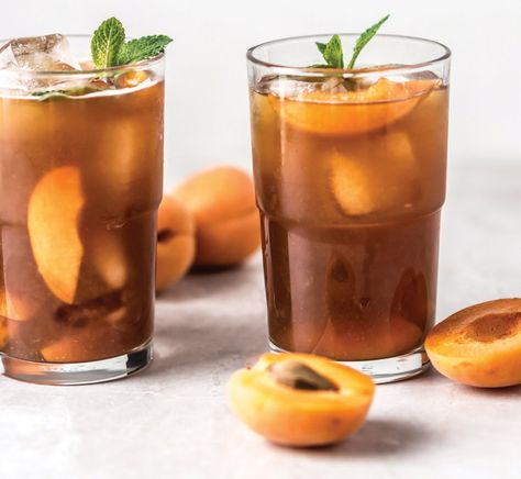 Apricot Iced Tea — OUR HOMES Magazine – Celebrating Life at Home Celebrating Life, Honey Syrup, Steeped Tea, Brewing Tea, Mint Leaves, House And Home Magazine, Black Tea, Cold Brew, Iced Tea