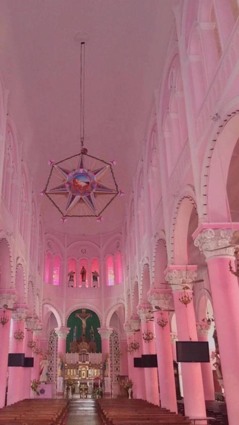 Pink Church Aesthetic, Pink Mexican Aesthetic, Pink Church, Pink Heaven Aesthetic, Pink Cathedral, Pink Cathedral Aesthetic, Coquette Castle, Church Aesthetic, Magical Girl Aesthetic