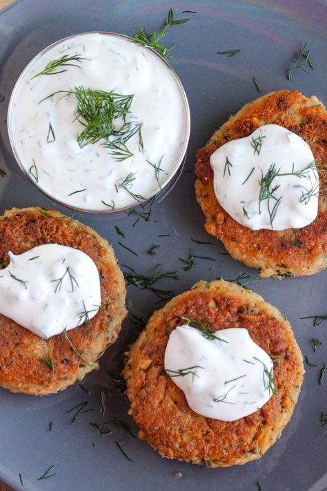 Salmon Cakes with Tzatziki sauce is the perfect Greek influenced healthy weeknight meal.  You get the savory spice combination along with the crispy texture from the salmon cake and then the cool, creamy, herby flavor from the Tzatziki sauce!  #dinner #healthy dinner #weeknightmeal #healthy #health Haddock Fish Cakes, Salmon Cake, Haddock Recipes, Savory Spice, Gluten Free Bread Crumbs, Fish Cakes, Drink Inspiration, Healthy Weeknight Meals, Salmon Cakes