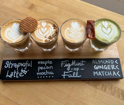 Coffee Shop Tea Drinks, Coffee Shop Drinks Aesthetic, Coffee Shop Fall Drinks, Grab And Go Coffee Shop, Cute Coffee Cart, Coffee Event Ideas, Coffee Shop Treats, Coffee Flight Ideas, Coffee Shop Events