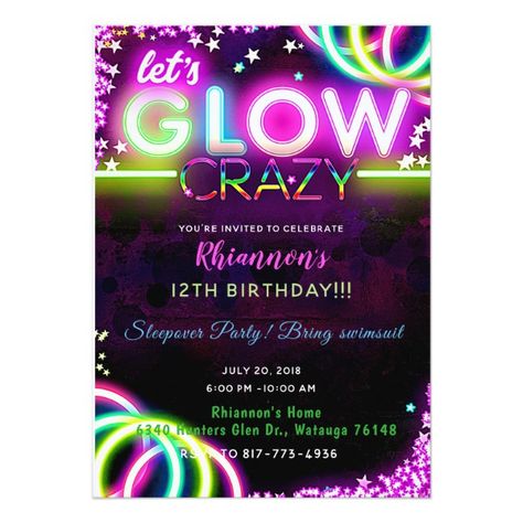 Neon Party Invitations, Neon Glow Party, Glow Stick Party, Glow In Dark Party, Glow Birthday Party, Neon Birthday, Blacklight Party, Glow Birthday, 13th Birthday Parties