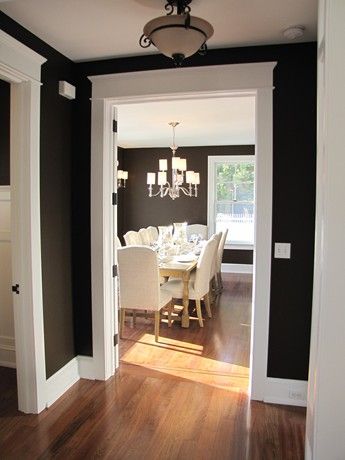 Black Painted Walls, Dark Hallway, White Molding, Dark Walls, Paint Effects, The Dining Room, Wood Trim, Design Concepts, Ocean City