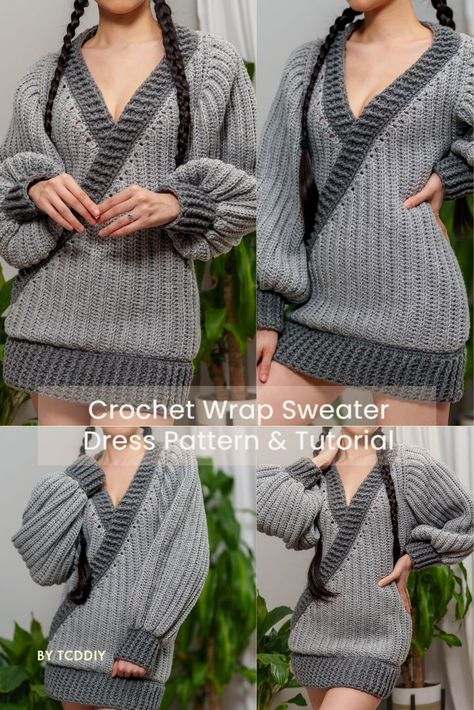 Crochet Loungewear, Fashionable Crochet, Dress Pattern Crochet, Sweater Dress Pattern, Crochet Autumn, Sweater Tutorial, Crochet Sweater Dress, Crochet Game, Crochet Wrap Pattern